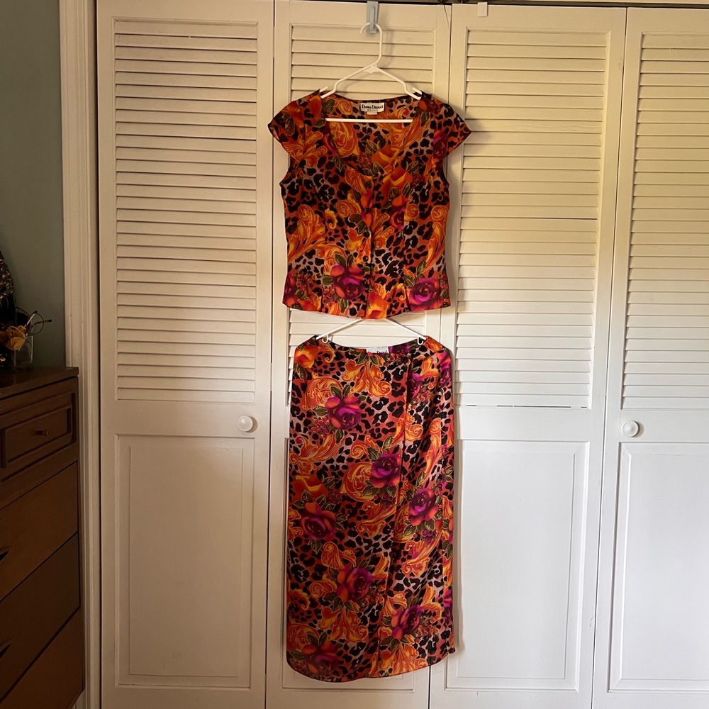 Vintage Floral & Leopard Print Button Front Top and button wrap skirt set